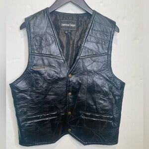 American Unique Men's Black Motorcycle Bikers Leather Vest Size Large Snap Front